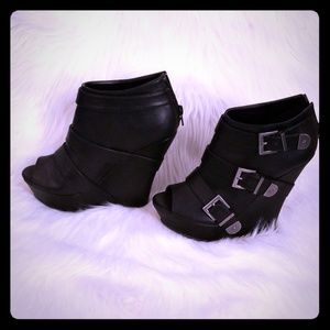 Black wedge peep toe booties